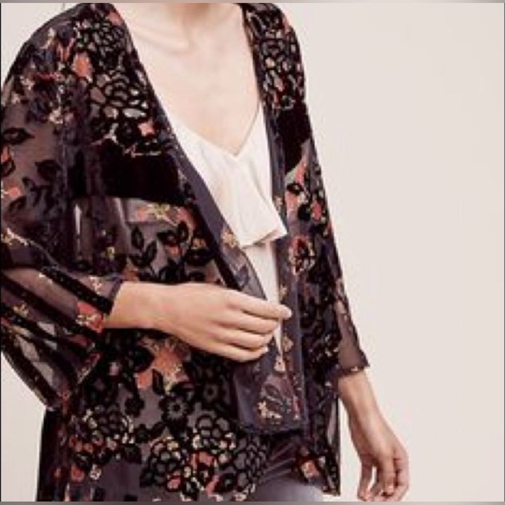 Anthropologie Floreat Floral Burnout Velvet Kimono, one size, Black multi